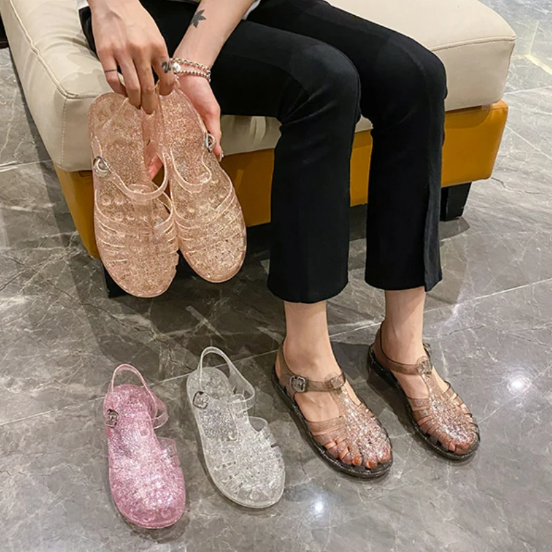 Plastic Sandals Women Summer Shoes Ladies Casual Flat Hollow Jelly Sandal Closed Toe Beach Shoes Footwear Sandalias De Mujer