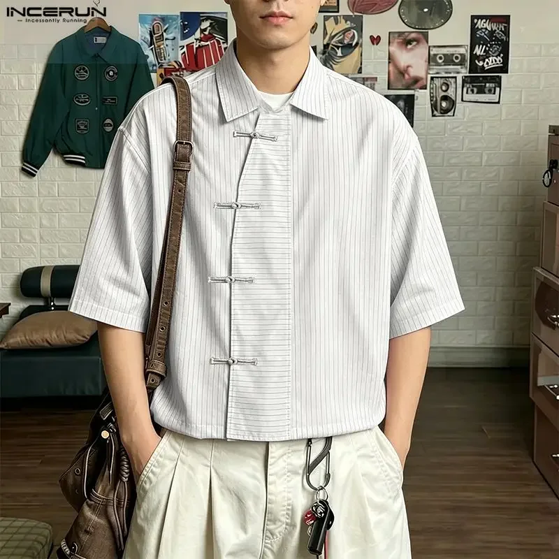 INCERUN Herrenhemd Gestreiftes Patchwork-Revers Halber Ärmel Knopfleiste Herrenkleidung Streetwear Sommer 2026 Vintage Casual Oberteile für Männer