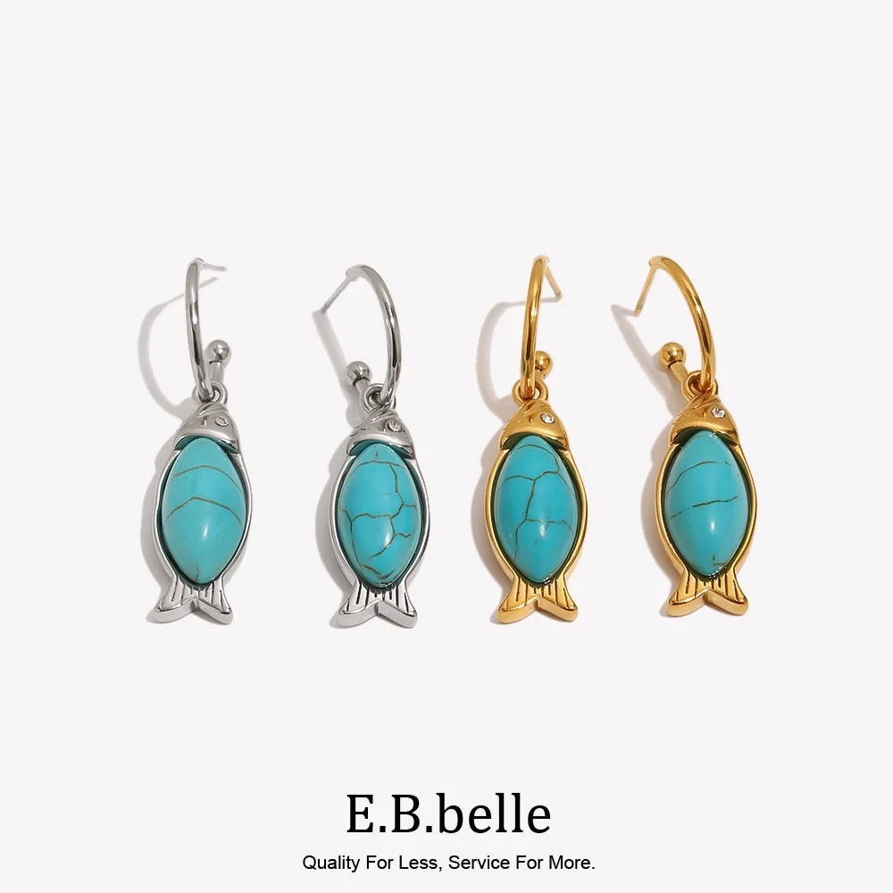 E.B.belle Fish Oval Cracked Turquoise Stud Earrings 18K Gold Plated 316L Stainless Steel Hook Earrings Bohemia Summer Jewelry