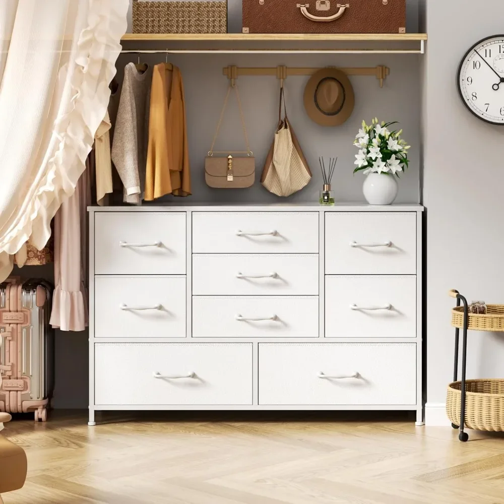 White Dresser with 9 Large Drawers for 55'' Long TV Stand, Living Room,Closet,Entryway,  Wood Shelf Storage for Bedroom