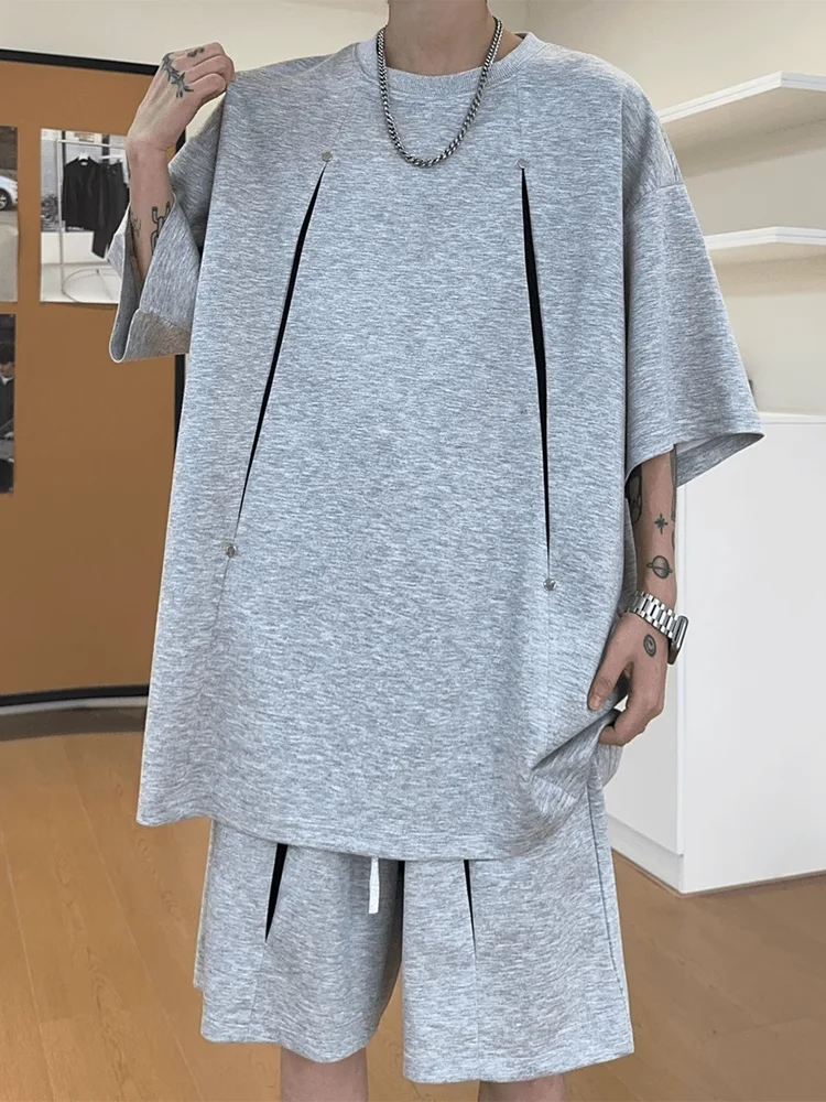 

American High Street Deconstructed Patchwork ort Sve T-irt Men Summer Cool Spor Casual Set Polyester Fiber Big Size
