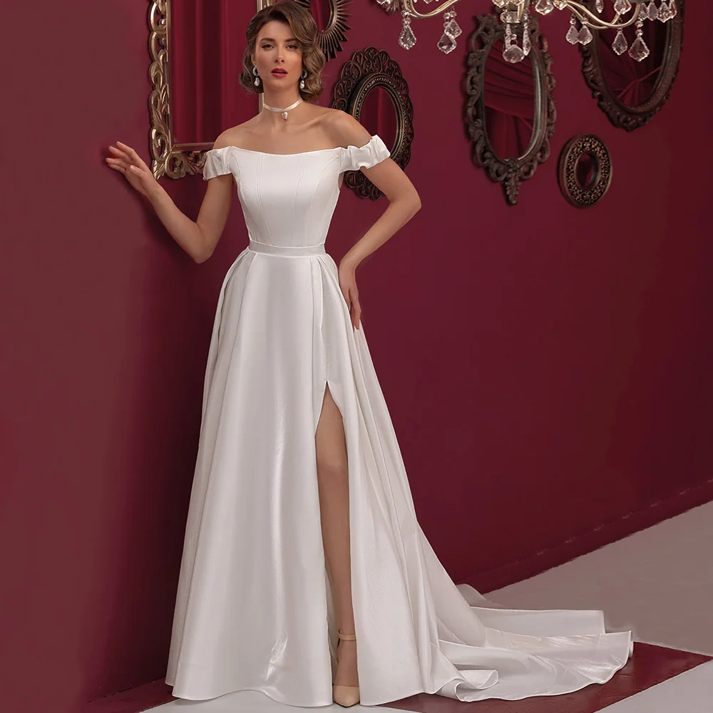 

Women White Satin Wedding Dress Simple A-Line Side Slit Off the Shoulder Bridal Gowns Customized Sweep Train Lace Up Back