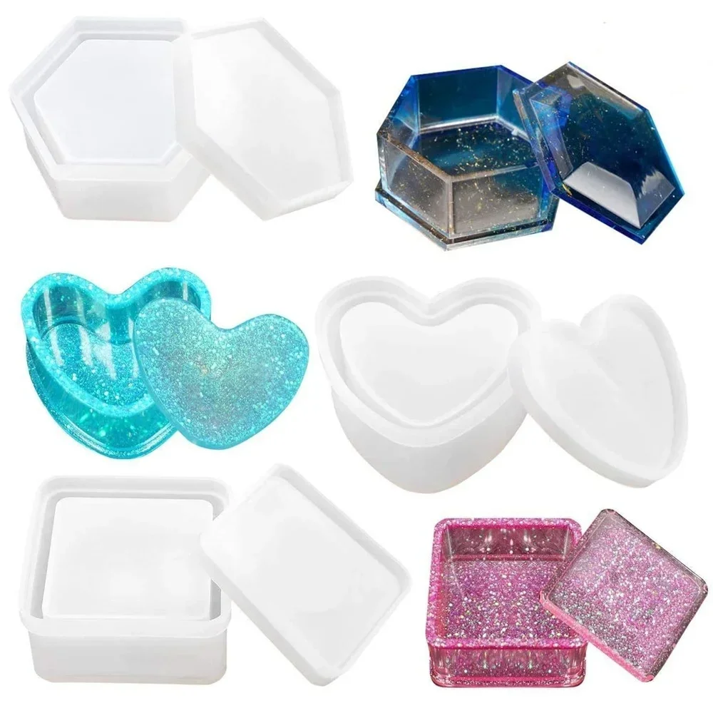 Heart Shape Jewelry Box Clay Resin Mold DIY Crafts Square Hexagon Storage Box Epoxy Casting Silicone Molds with Lid قوالب سيلكون