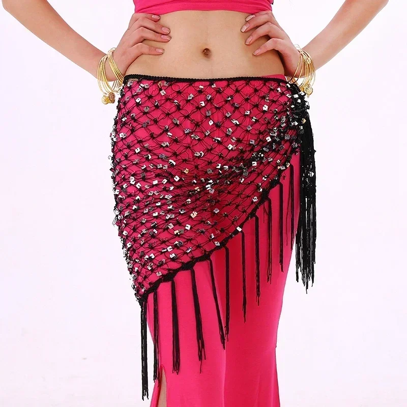 Ropa de práctica de danza del vientre, accesorios elásticos, cinturón triangular con borla larga, ganchillo a mano, danza del vientre, bufanda de cadera con lentejuelas, 12 colores