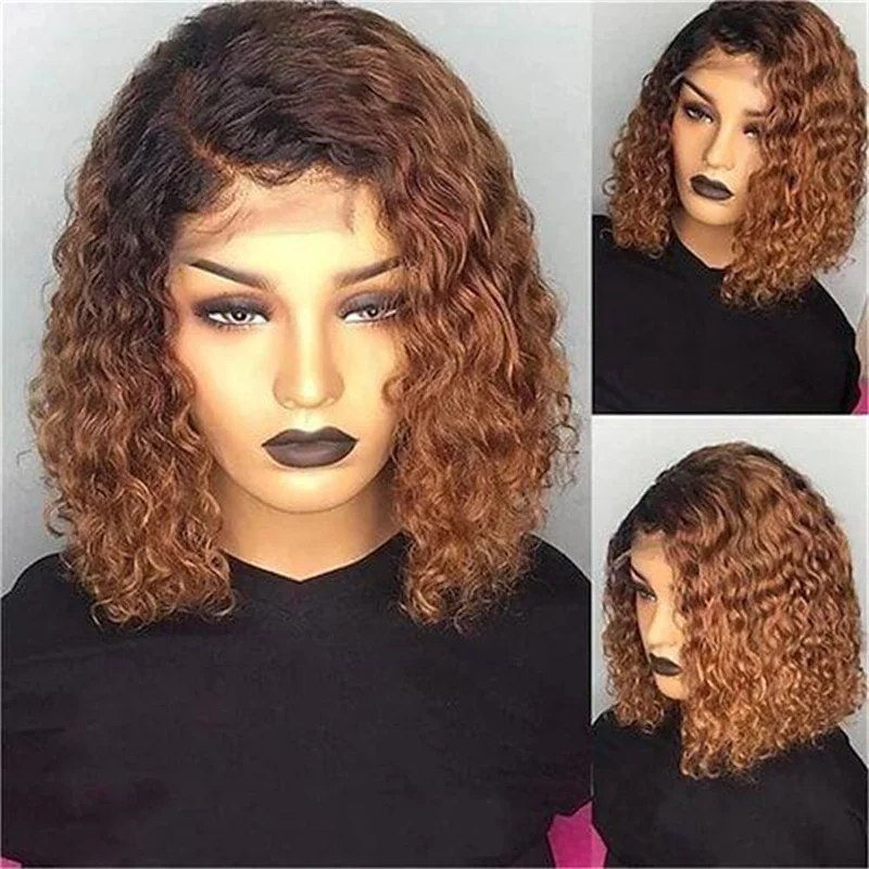 Short Soft 18“  Kinky Curly Ombre Brown 180Density Lace Front Wig For Black Women Babyhair Preplucked Heat Resistant Glueless