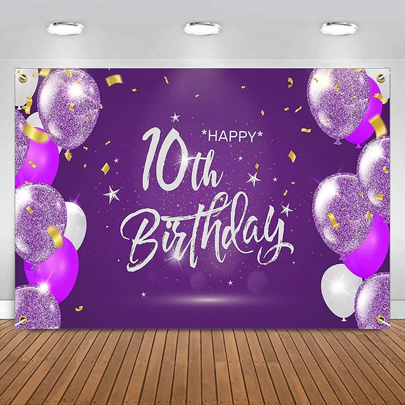 

Happy 10th Birthday Banner Backdrop Decorations Party Supplies for Girls boys Purple Photography Backdrop Background