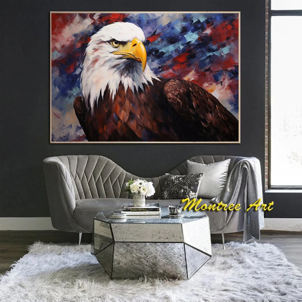 Hand Painted Oil Painting Colorful Proud Eagle Animal Painting Canvas Room Wall Acrylic Wall Art Luxurious Decorative Painting