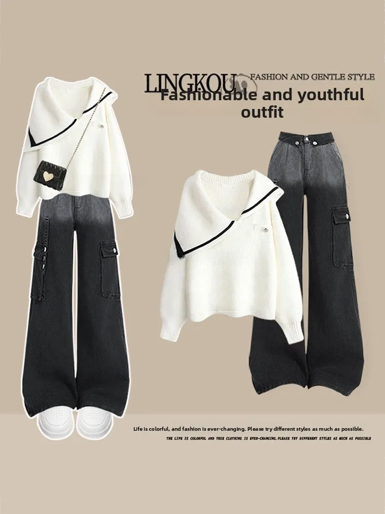 

Корейский стиль: вязаный свитер и брюки для женщин, комплект из двух предметов, брюки с высокой талией, длинные брюки, топ с длинным рукавом и одним открытым плечом, осенний комплект.