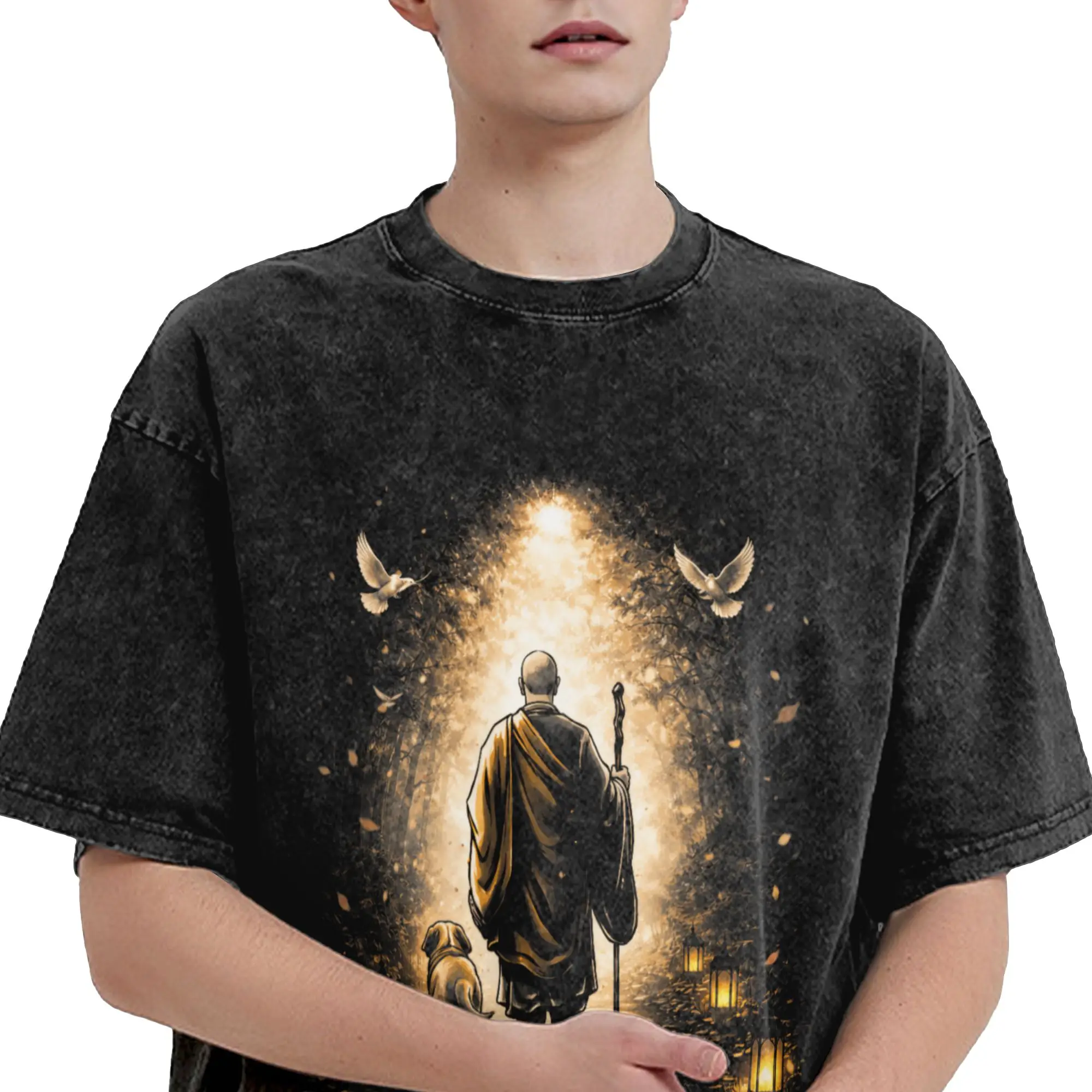 Peace Walking Monks Men's T Shirts Washed  Funny Tees Short Sleeve Round Collar T-Shirts Cotton Plus Size Tops