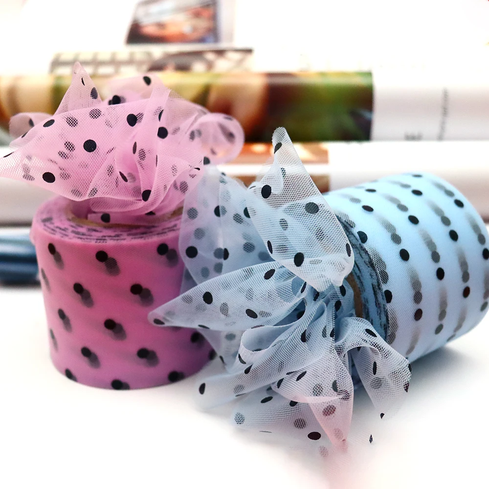 6cm 25Yards Polka Dotted Tulle Roll Black Round Sequins Mesh Ribbon DIY Hairbow Headband Handmade Crafts Material Organza Film