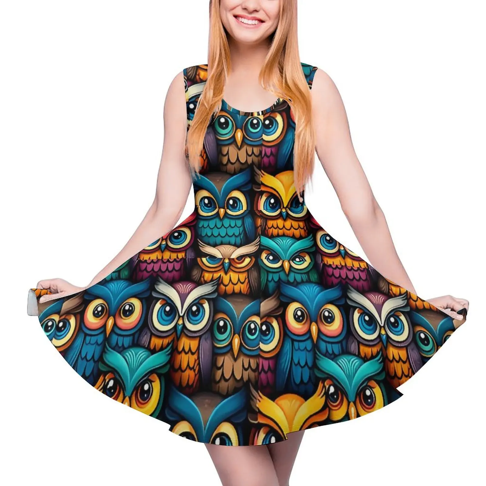 Colorful Bold Owl Dress Sleeveless Cartoon Animal Aesthetic Dresses Summer Womens Oversized Pretty Pattern Skate Dress