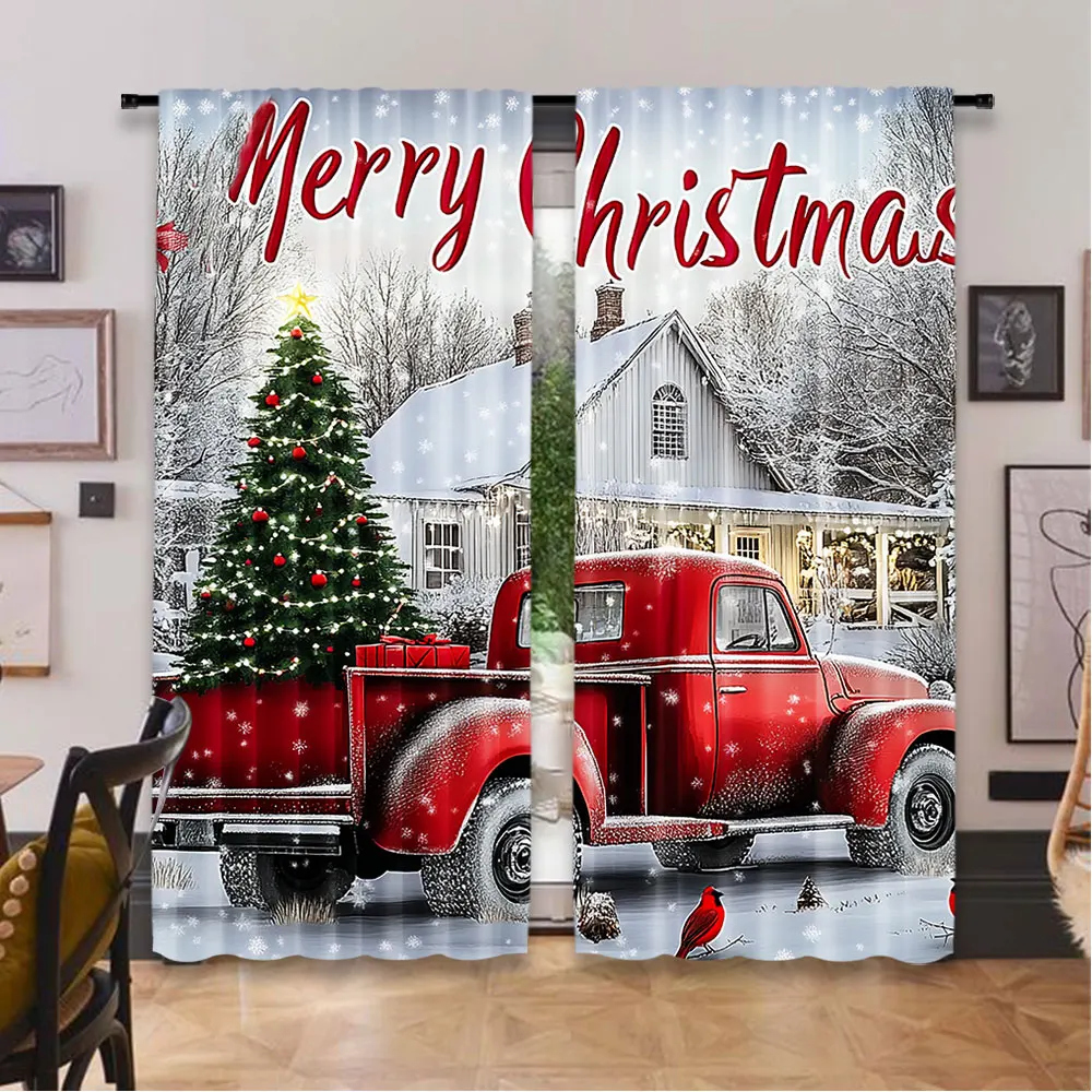 2Pcs Farmhouse Christmas Curtain Winter Farm Truck Christmas Tree Curtains Suitable For Living Room Bedroom Kitchen And Bathroom