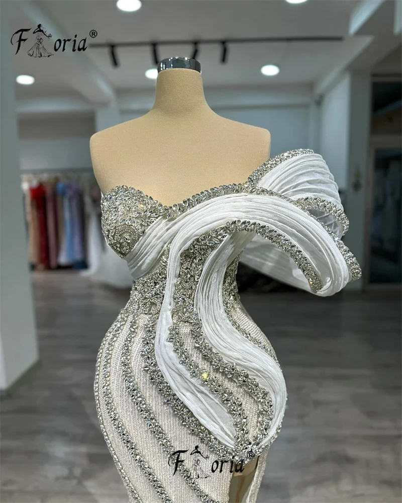 Luxo dubai arábia branco vestido de noite sereia brilhante cristal frisado vestidos de festa de casamento personalizado robe de soiree femmes