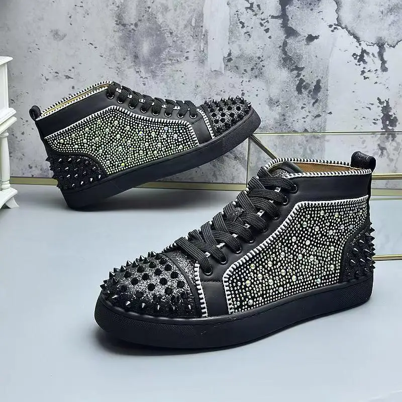 

men's casual rivets boots luxury stylish rhinestone shoes singer stage DJ studded sneakers flats platform spikes ankle botas man