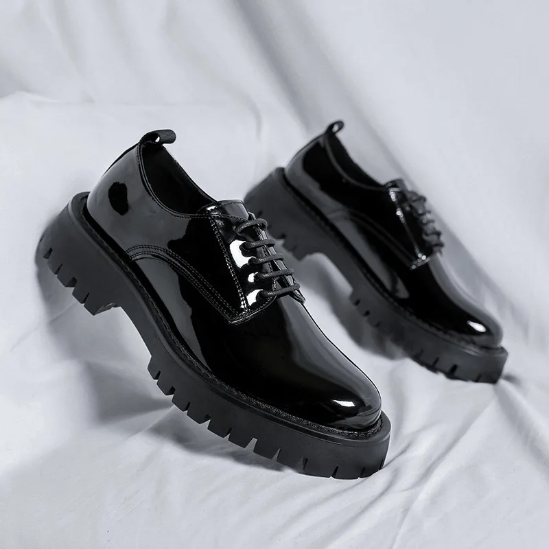 

men's fashion wedding porm dress patent leather shoes lace-up derby shoe black tide platform sneakers gentleman footwear zapatos