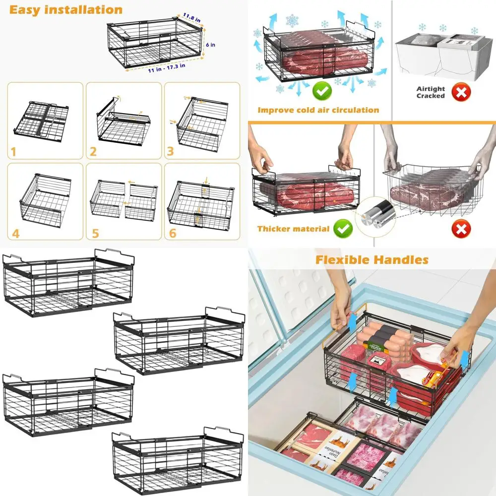 

Расширяемые штабелируемые контейнеры для морозильной камеры, большие металлические комоды из 4 предметов с ручками для организации кухни, кладовой и холодильника —