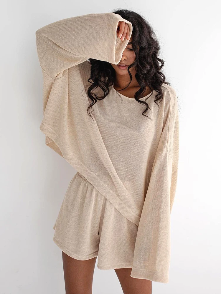 Hiloc Knitted Sleepwear Female Set Casual Khaki Loose Pajamas For Women 2 Piece Sets Long Sleeve O Neck Nightwear Spring 2024