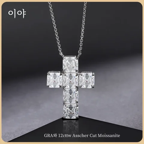 EWYA 어셔 컷 D 컬러 모이사나이트 펜던트 목걸이 여성용, 럭셔리 12cttw, 풀 7x7mm, S925 실버 통과 다이아몬드 테스트 넥 체인