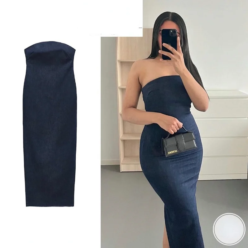 

Solid Vintage Off Shoulder Dress 2023 Women's Denim Strapless Backless Split Dress Lady Strapless Tube Corset Side Dress