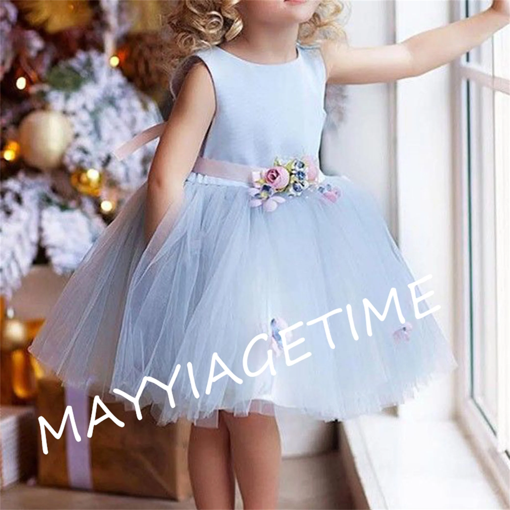 

O-Neck Beach Flower Girl Dress A-Line Kids Applique Princess Lace Simple Tea Length Wedding Fold Short Tulle Tutu Prom Dresses