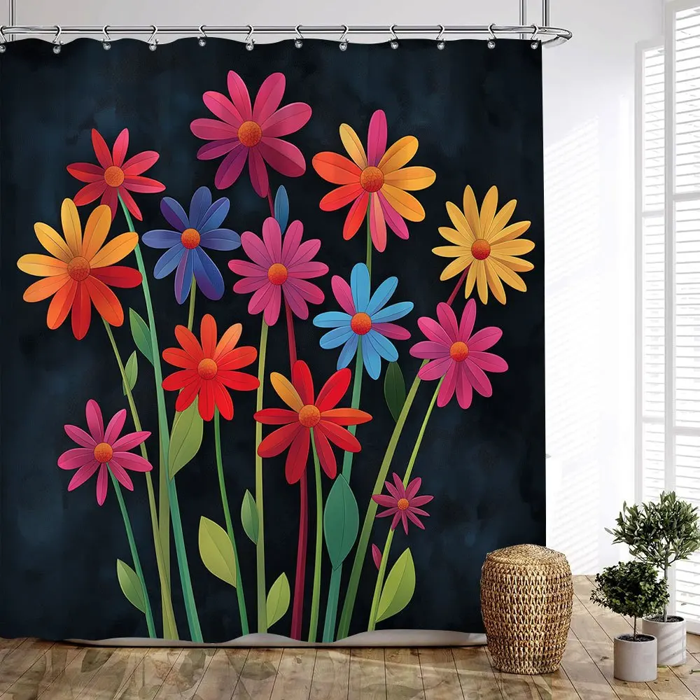

1 шт. Занавеска для ванны Bold Blooms — химерный цветочный дизайн с красными, розовыми, оранжевыми цветами на темном текстурированном фоне, прочный полиэстер