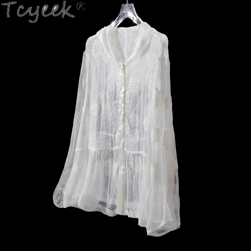 

Tcyeek 100% Mulberry Silk Top Women Summer Cardigan Sunscreen Clothing Thin Style Shawl Coat Hooded Women's Long Sleeve Tops