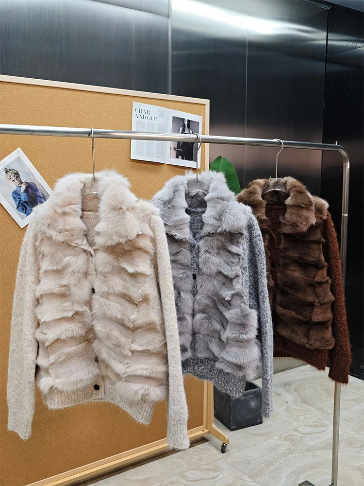 2026 New Winter Warm Women Real Fox Fur Coat Decoration Stand Collar Cardigan Sweater Outerwear