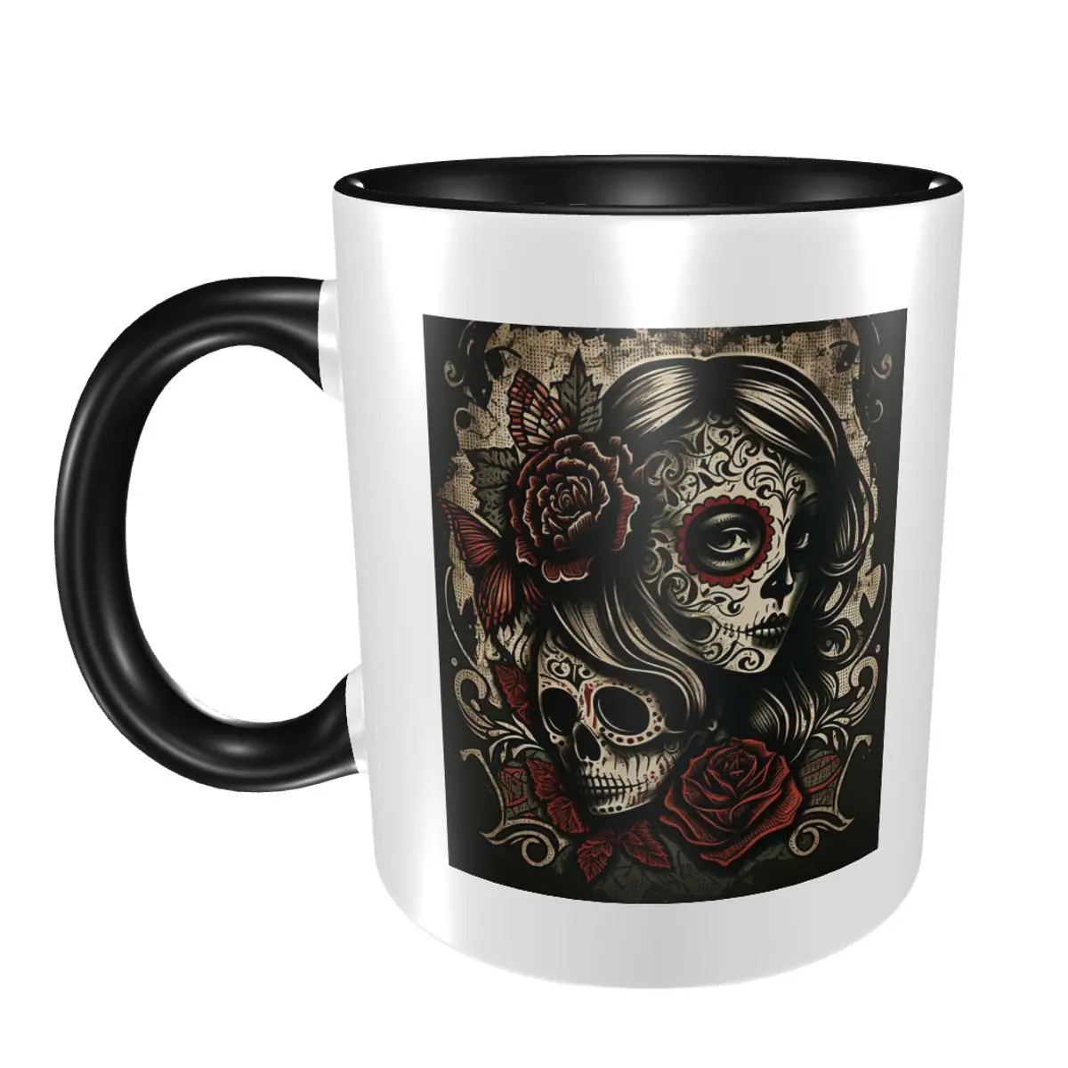 Girls Skull Tattoo Art Gothic Day Of The Dead Mug Funny Ceramic Coffee Cups Tea Mugs Milk Cup Drinkware Gift for Friends