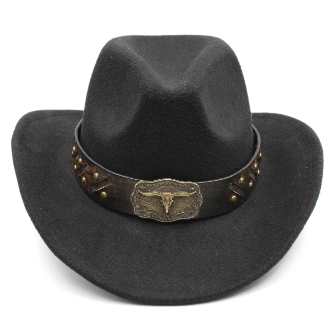 

Classic Women's Men's Western Cowboy Hat Cowgirl Cap Fedora Hats Chapeau Шляпа Sombrero with Bull Skull Studded Buckle Wide Belt