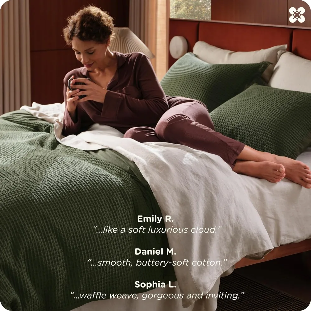 غطاء لحاف من القطن من Bedsure كامل - مجموعة غطاء لحاف من القطن بنسبة 100% من نسيج الوافل باللون الأخضر الزيتوني، GentleSoft ™ ومجموعة الفراش تنفس f #6