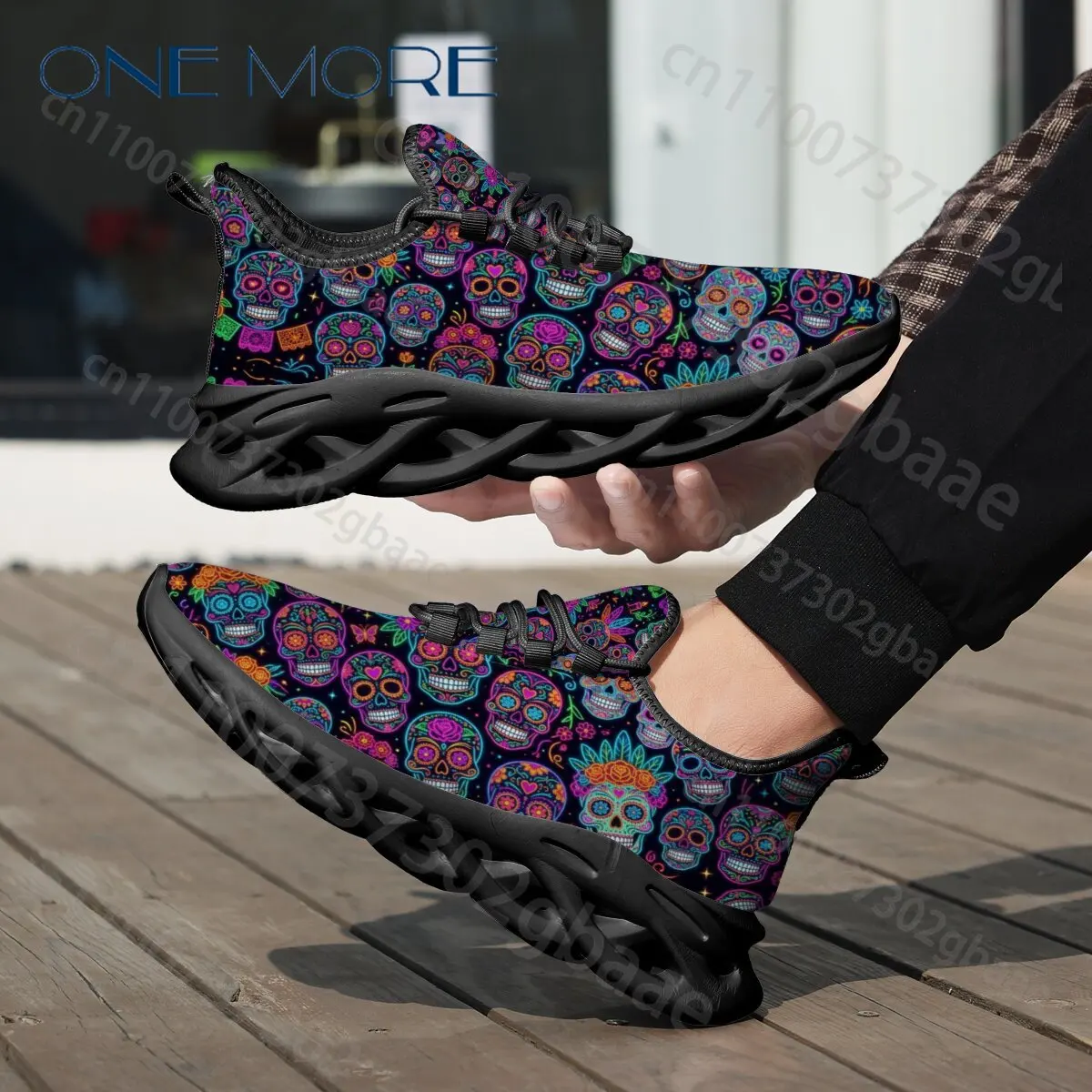 Holiday Gift Neon Sugar Skull All Over Print Sneakers Women Man Mexican Day of The Dead Breathable Mesh Lace‑Up Shoes view 3