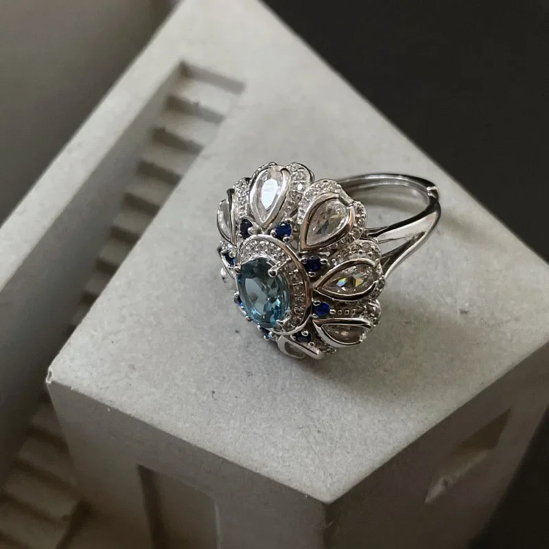 925 Sterling Silver Exquisite Flower Blue Zircon Rings for Women Girls Shiny Opening Jewelry Dropshippipng Wedding Birthday Gift
