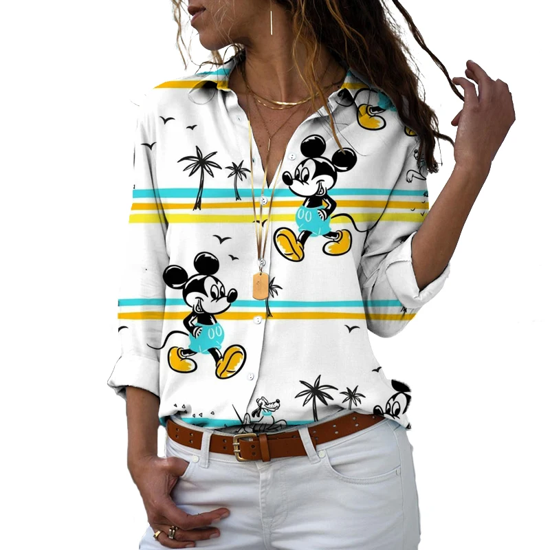 Disney-Camisa feminina de botão Harajuku, manga comprida, lapela, Mickey, Minnie, casual, fofo, Y2K, impresso em 3D, Novo, 2022