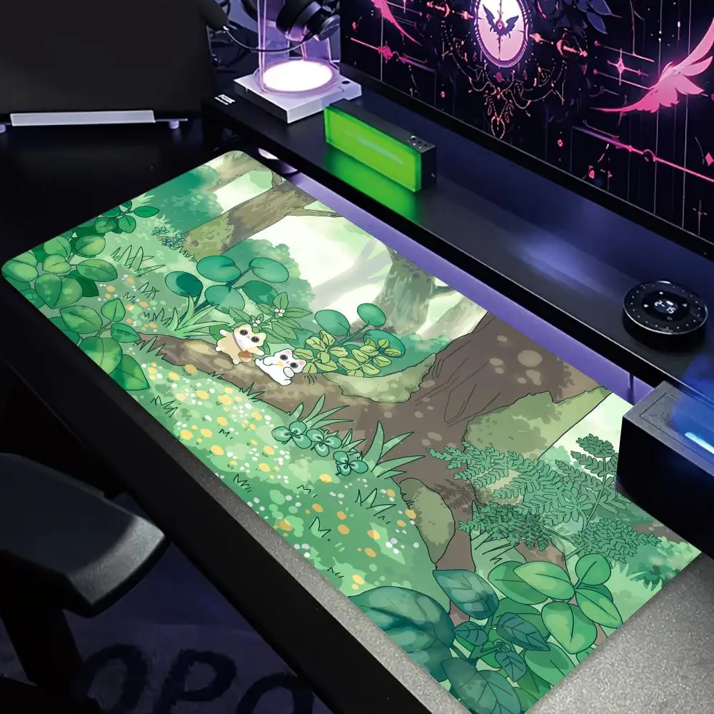 

Милый зеленый аниме-илюстрация, большой коврик для мыши, настольный коврик, игровые коврики, нескользящая клавиатура с прошитыми краями, удлиненный коврик, ковер для мыши