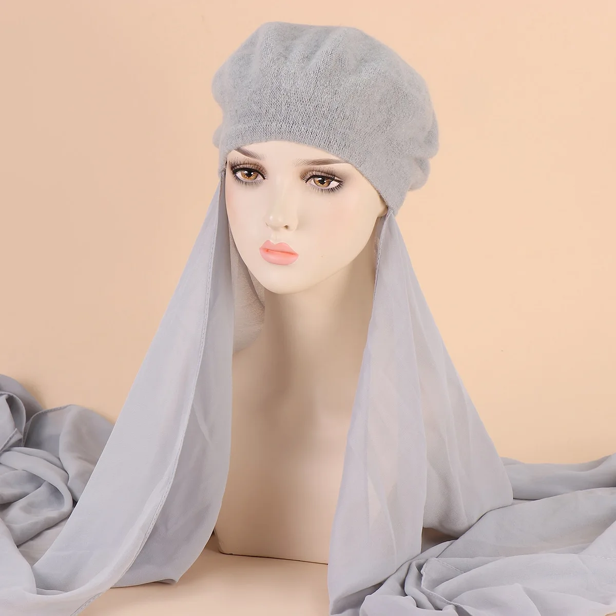 Musilm Women Instant Chiffon HIjabs With Beret Hats French Style Hats with Chiffon Hijab Baret Flat Hat with Chiffon Hijabs