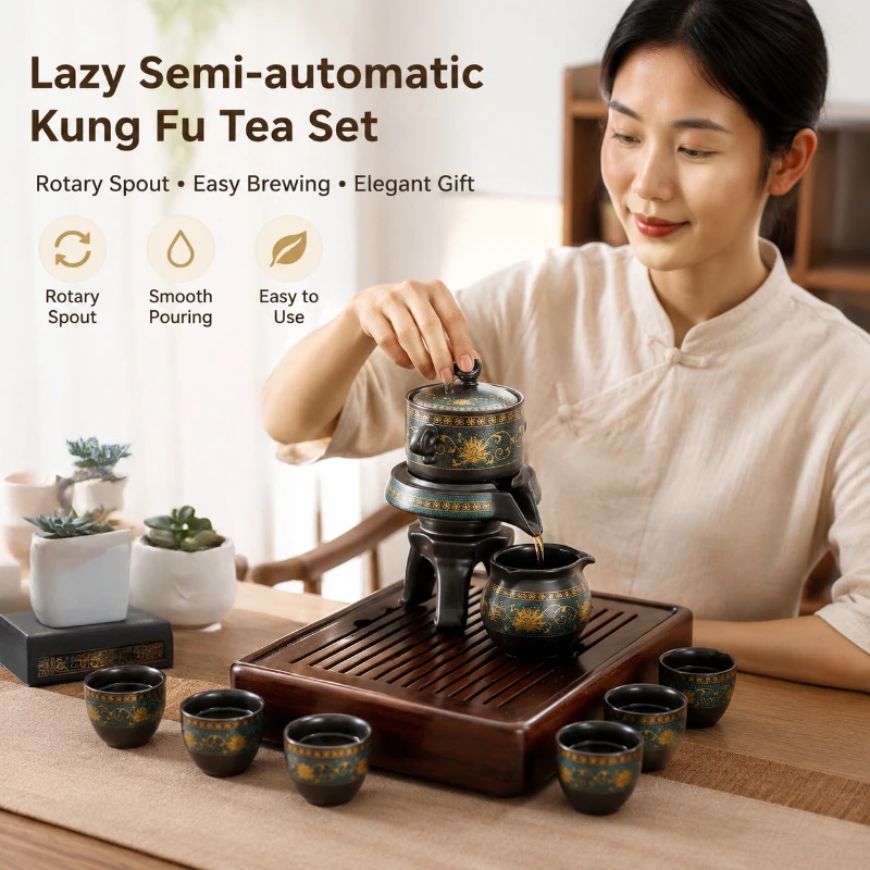 Chinese Tea Set Creative Ceramic Kungfu Tea Set Semi Automatic Rotating Teapot Gift Box Luxury Home Office Business Present