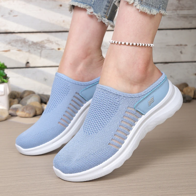 Women's Open Heel Slip-On Shoes, Hollow Vertical Striped Knit Mesh Upper, Wavy Contour Thick Sole Rear Cutout Walking Footwear - view 4
