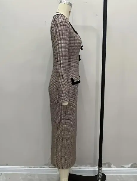 

Women's Long Sleeve Sexy Tight Hip Wrap Plaid Elastic Knit Dress Temperament Commuting Female Fashion Elegant Bow Decor Dresses
