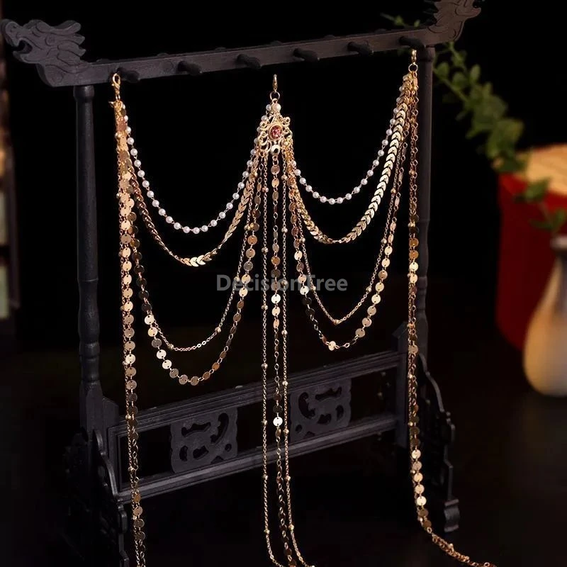 Chinese Hanfu ancient-style cross-front exotic clothing gold silver waist chain versatile long tassel accessory around the waist