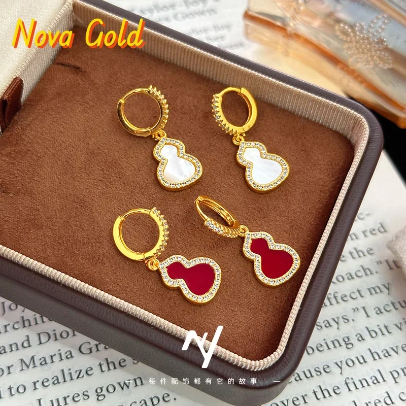 

NovaGlod 24K real gold French light luxury niche earrings white red 9999 diamond Fulu earrings as a gift for your girlfriend