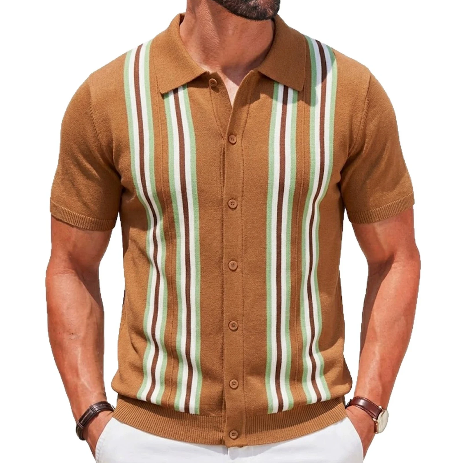 

Men's summer green striped short sleeved elegant and fashionable versatile slim fit business polo shirt knitwear trend