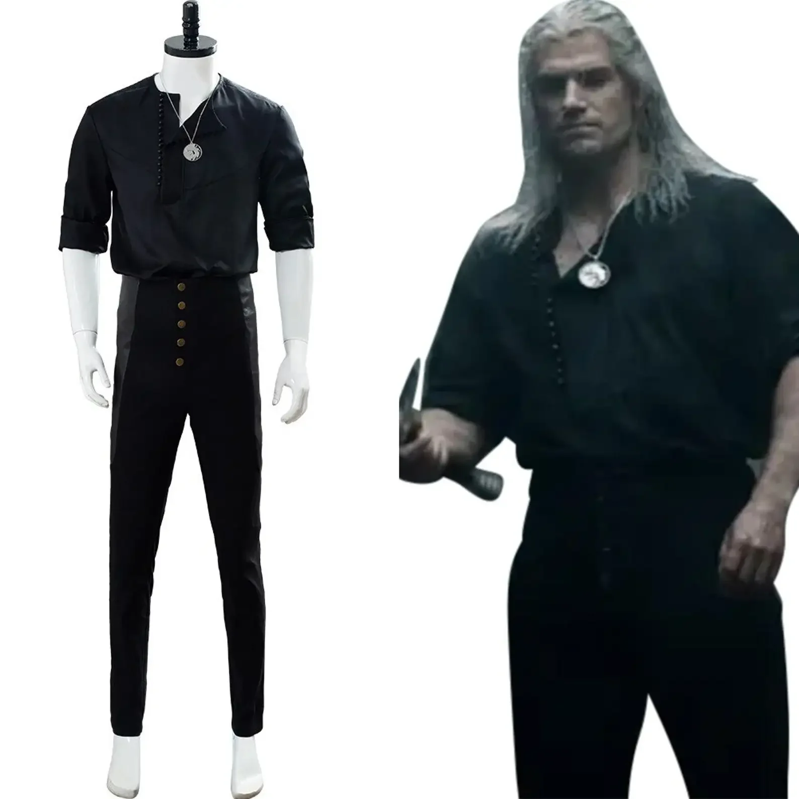 Black Shirt Pants Necklace Set Great Men Cosplay Witcher Halloween Costume Outfit