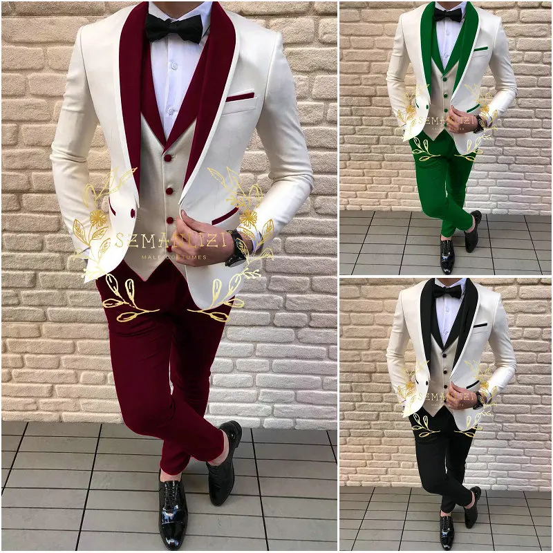 

Handsome Men Suits Costume 3 Pieces Ivory Blazer Sets Burgundy Shawl Lapel Groomsmen Formal Party Suit Groom Tuxedo For Wedding