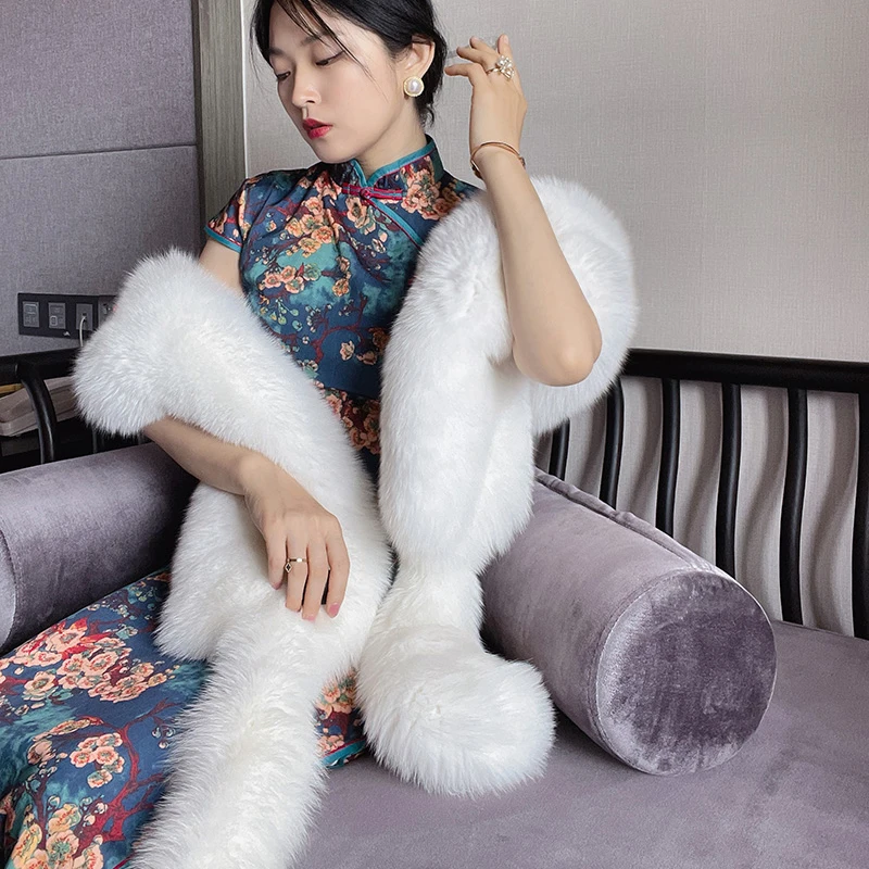 

Натуральный женский шарф из натурального лисьего меха, зимний шарф на шею, теплый воротник, украшение из цельной серебряной лисы, большая шаль, двусторонние шарфы, накидки