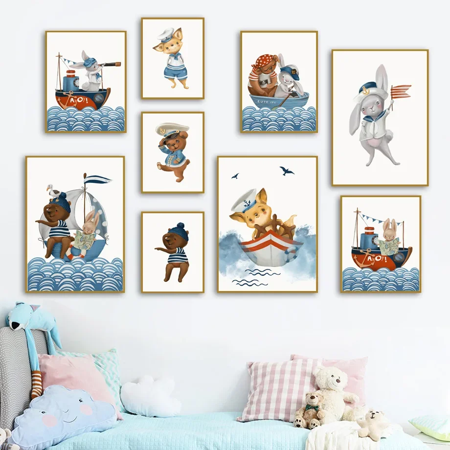 الشمال الملصقات والمطبوعات الكرتون جدار صور لطيف الكابتن الدب بحار أرنب الثعلب الرسم على لوحات القماش الجدارية للأطفال غرفة ديكور #3
