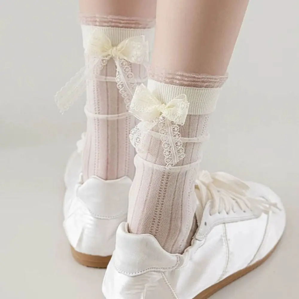 

3Pairs Cute Ruffle Mesh Bowknot Socks Breathable Lolita Mid Tube Socks Female Hosiery Ballet Style Sweet Socks Women Streetwear