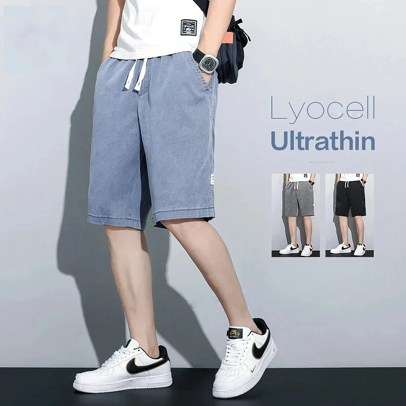 Summer Soft Cosy Lyocell Fabric Men\'s Denim Shorts Thin Loose Pants Drawstring Elastic Waist Korea Casual Short Plus Size M-5XL