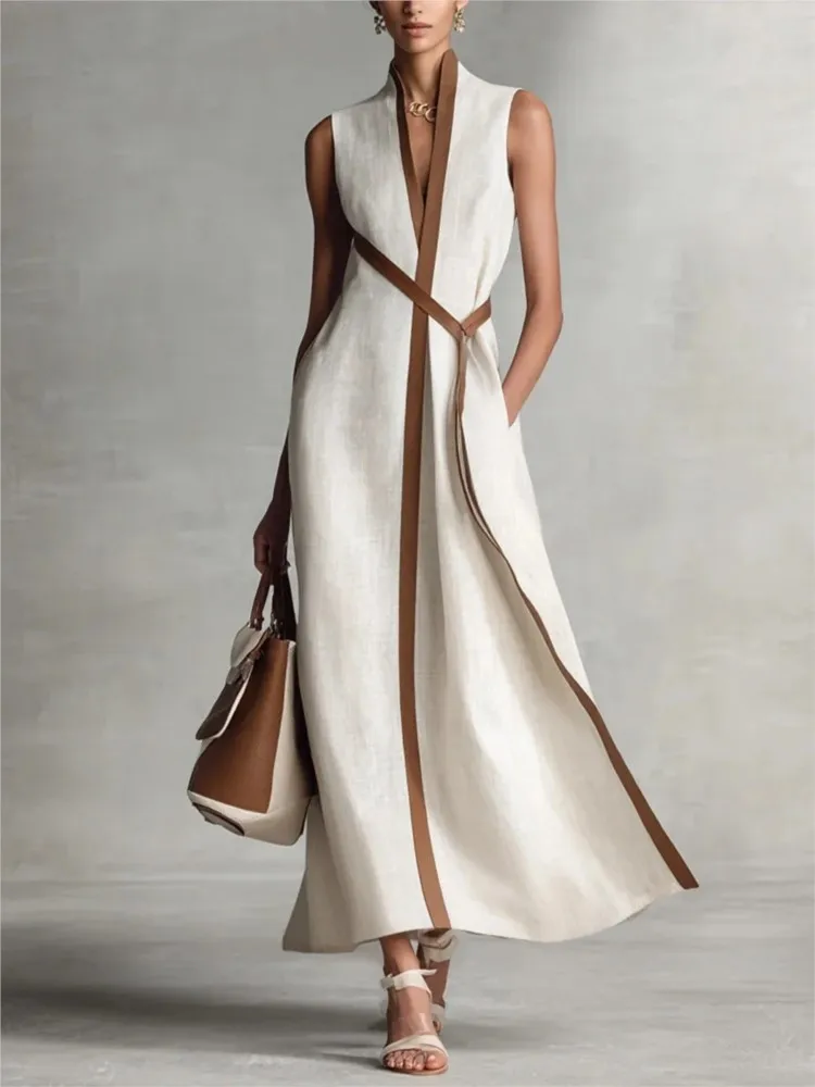 Casual New Sleeveless V Neck A-Line Maxi Dresses Woman Spring Sexy Contrast Striped Print Long Dress Summer Vacation Boho Dress