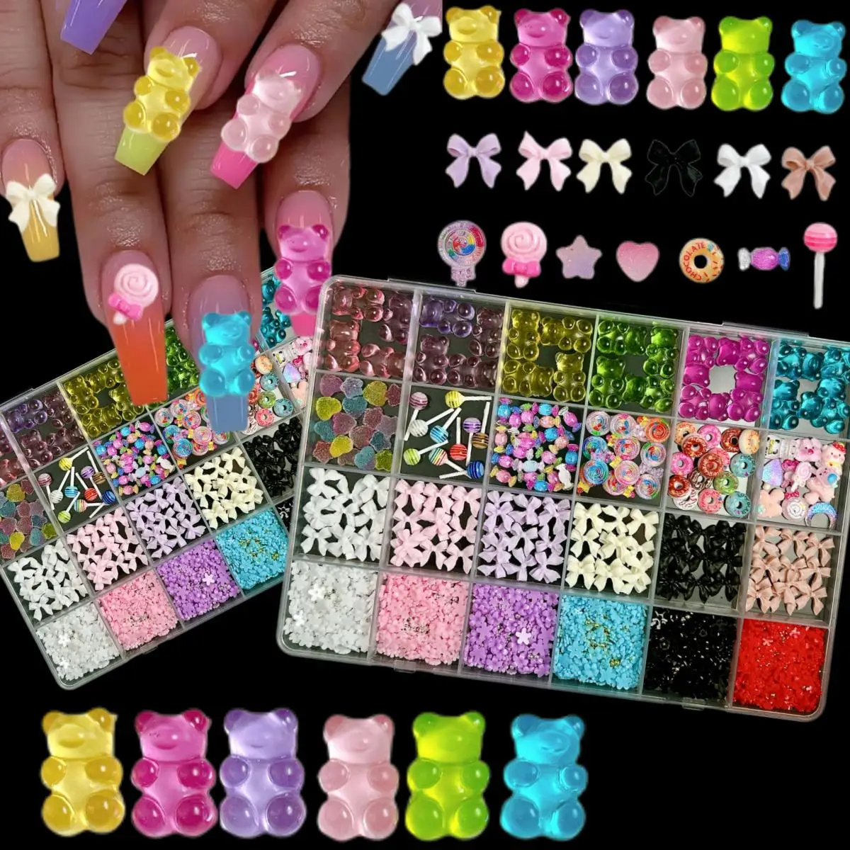 

1Box Pink Series Resin Strawberry Rose Bear Nail Charms Sweet Bow Flower Candy Series Nail Art Decoration DIY Crafts Accessories