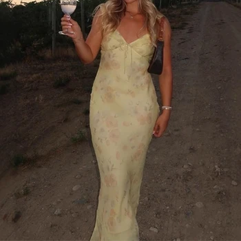 Summer Flower Printed Women's Sexy Low-cut Dress Sleeveless Backless Slim Sling Dresses 2025 Beach Vacation Lady Vestidos 2